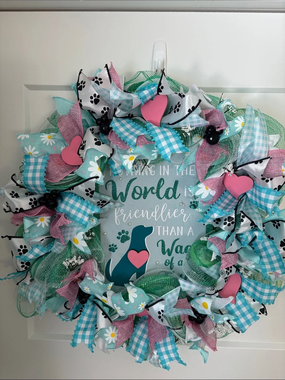 Hand Crafted Teal, Pink, White Dog-Themed Spring Wreath